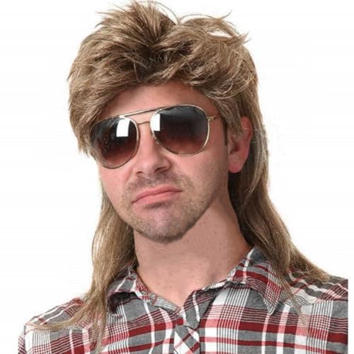 Swiking Mens Mullet Wig Light Brown Retro 70s 80s Disco Rocker Curly Punk Fancy Party Halloween Cosplay Costume Wigs (Light Brown) - Image 1