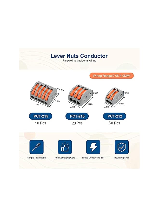 The Bros 60 PCS Lever Nut Wire Connectors, Electrical Connector Assortment Pack Compact Splicing Connector Kit for Wires Solid Stranded Flexible Wires, 2 Port, 3 Port, 5 Port - Image 3