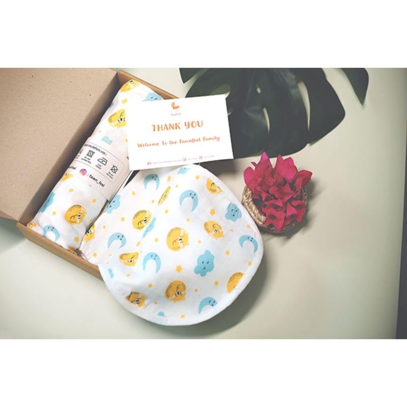 FawnFeel Swaddle + Burp Cloth for Newborn Baby, Infants I 100% Bamboo Fabric I Breathable, Soft & Lightweight I Cat & Moon Print I Size 110x110cm (Pack of 2) - Image 2