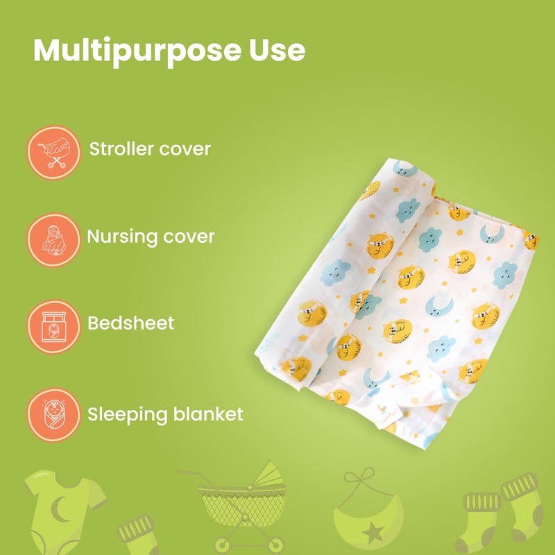 FawnFeel Swaddle + Burp Cloth for Newborn Baby, Infants I 100% Bamboo Fabric I Breathable, Soft & Lightweight I Cat & Moon Print I Size 110x110cm (Pack of 2) - Image 5