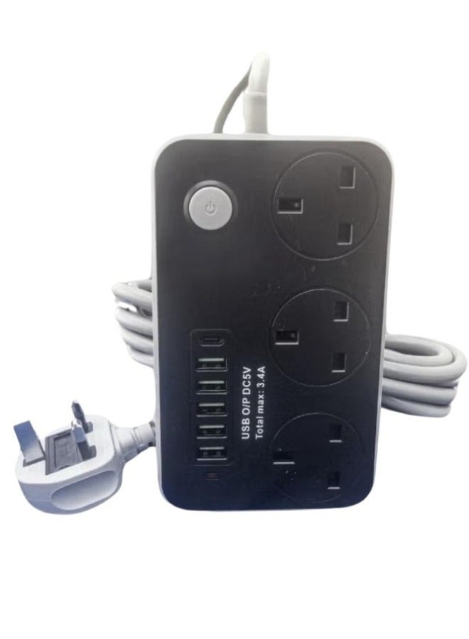 Power Strips Extension Cord,3 Sockets Universal Plug Adapter with 3Meter Bold Extension Cable With 5USB Ports And 1PD Type-C Power Extension Board, Extension Cable, Extension Socket For Home ,Office
