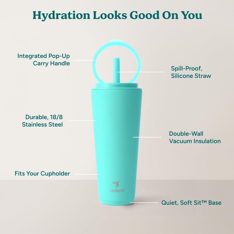 REDUCE Halo 32 oz Stainless Steel Vacuum Insulated Tumbler - Spill Proof Travel Mug with Flip Handle Lid - Keeps Drinks Cold for 32 Hrs - Dishwasher Safe - Cupholder Friendly - Ocean Breeze - Image 3