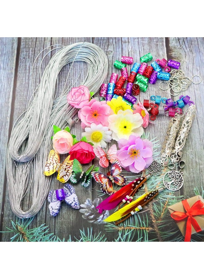RechicGu 73Pcs Flowers Butterfly Hair Braids Dreadlock Dreads Filigree Cuff Accessories Beard Clips Pins Tube Beads Handmade Feather Lotus Tree Of Life Locs Hair Extension Jewelry 328Feet Metallic Cord Silver  - Image 4