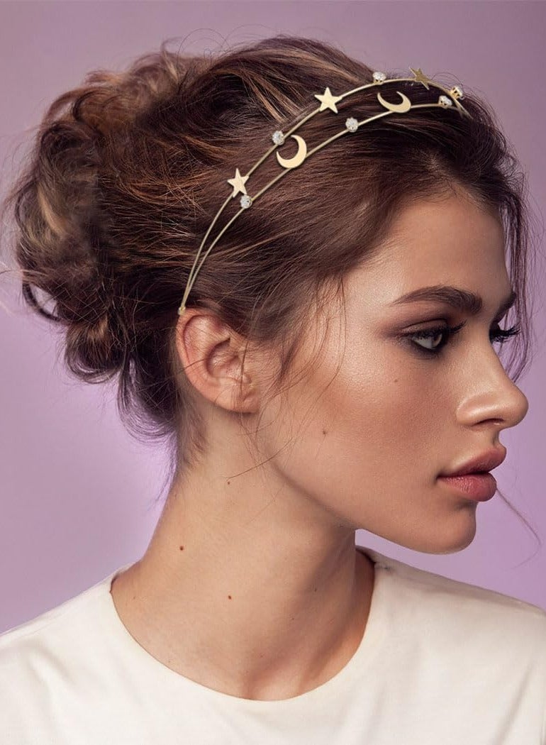 أوزيغالور 2 قطعة طوق شعر ذهبي هلالي ذهبي على شكل نجمة القمر، طوق شعر عروس زفاف على شكل هلال ذهبي - Image 5