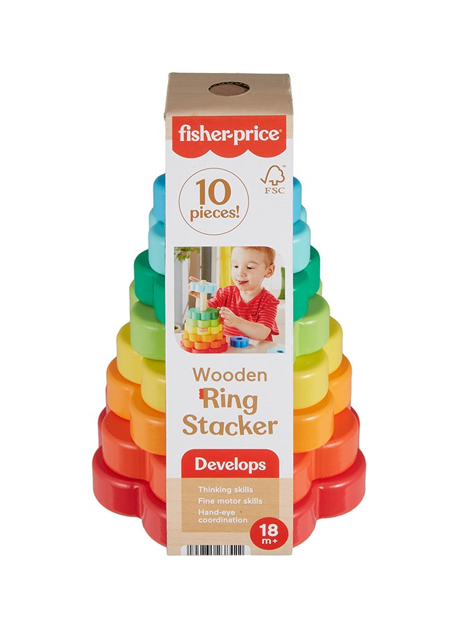 Fisher-Price Wood Toddler Toy Ring Stacker, 10-Piece Wooden Stacking Activity For Fine Motor Skills Play Kids Ages 18+ Months  - Image 2