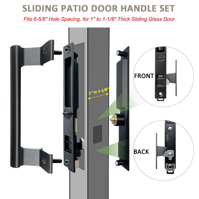 Young Dance Sliding Glass Door Handle Set with Lock - Easy to Install,Patio Sliding Door Handle Fits for 1 to 1-1/8 Door Thickness,6-5/8" Screw Hole Spacing,Perfectly Replacement for Old Handle(Black) - Image 2