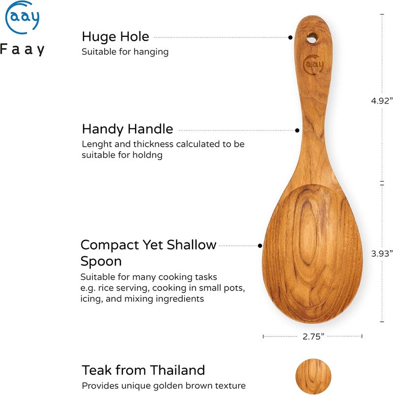 FAAY 9” Rice Paddle, Serving Spoon, Versatile Cooking Spoon – Handcraft from High Moist Resistance Golden Teak Wood | Durable, Healthy, Ergonomic Handle for Non Stick Cookware - Image 2