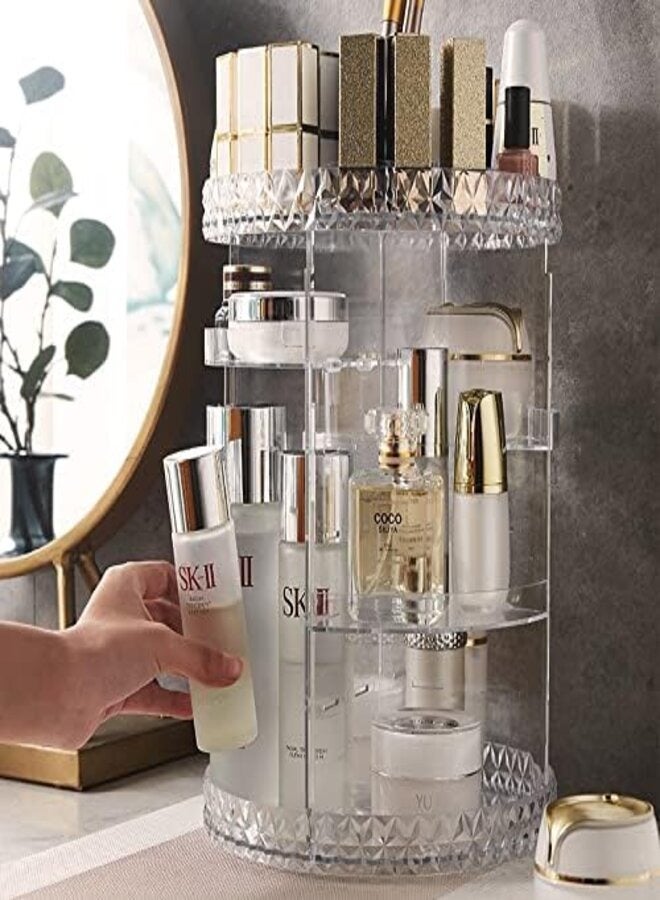 منظم مكياج أكريليك دوار 360 درجة، حامل مكياج دوار لمستحضرات التجميل، شفاف بنقشة ماسية، مقاس كبير 10.7 × 13.4 بوصة، شفاف ملون، رف مستحضرات تجميل أكريليك شفاف، حامل مكياج لمستحضرات التجميل، شفاف بنقشة ماسية. - Image 3