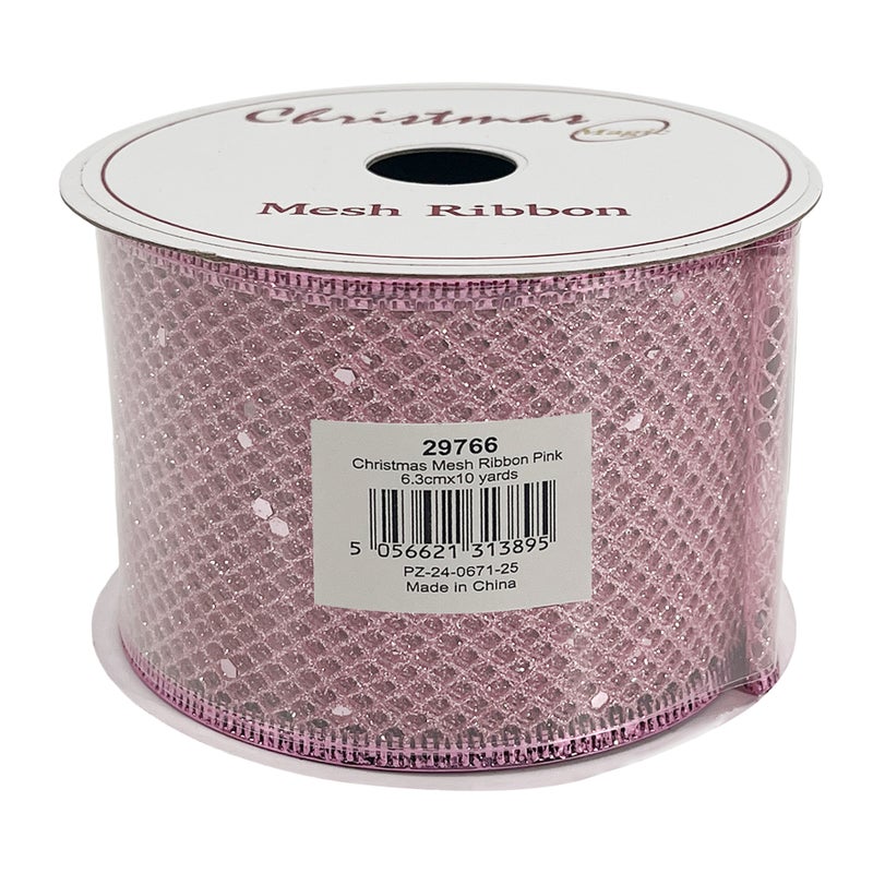 CHRISTMAS MAGIC Christmas Mesh Ribbon Pink 6.3cmx10 yards - Image 4