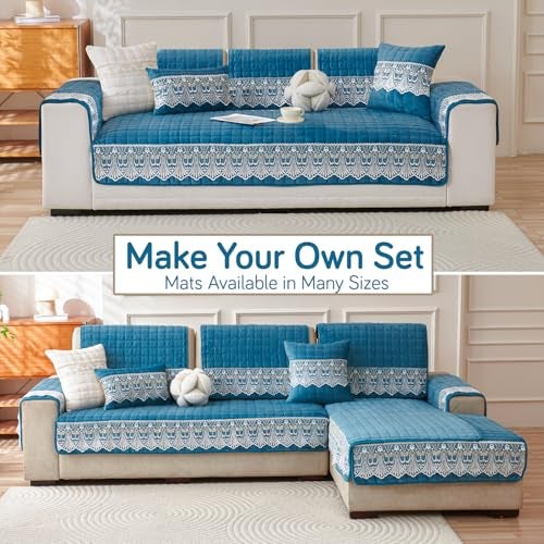 HOKIPO 'BelleLace Series' Imperial Milk Velvet Sofa Cover Mat with Lace Design| Make Your Own Sofa Cover Set, Mat Length 90(D) x 170(L) cm, Celdaon Blue (AR-5966-BL) - Image 3