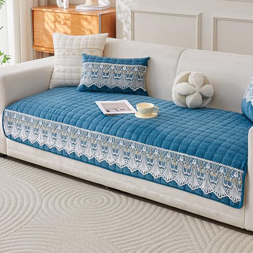 HOKIPO 'BelleLace Series' Imperial Milk Velvet Sofa Cover Mat with Lace Design| Make Your Own Sofa Cover Set, Mat Length 90(D) x 170(L) cm, Celdaon Blue (AR-5966-BL) - Image 1