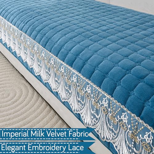 HOKIPO 'BelleLace Series' Imperial Milk Velvet Sofa Cover Mat with Lace Design| Make Your Own Sofa Cover Set, Mat Length 90(D) x 170(L) cm, Celdaon Blue (AR-5966-BL) - Image 2