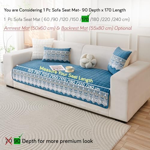 HOKIPO 'BelleLace Series' Imperial Milk Velvet Sofa Cover Mat with Lace Design| Make Your Own Sofa Cover Set, Mat Length 90(D) x 170(L) cm, Celdaon Blue (AR-5966-BL) - Image 5