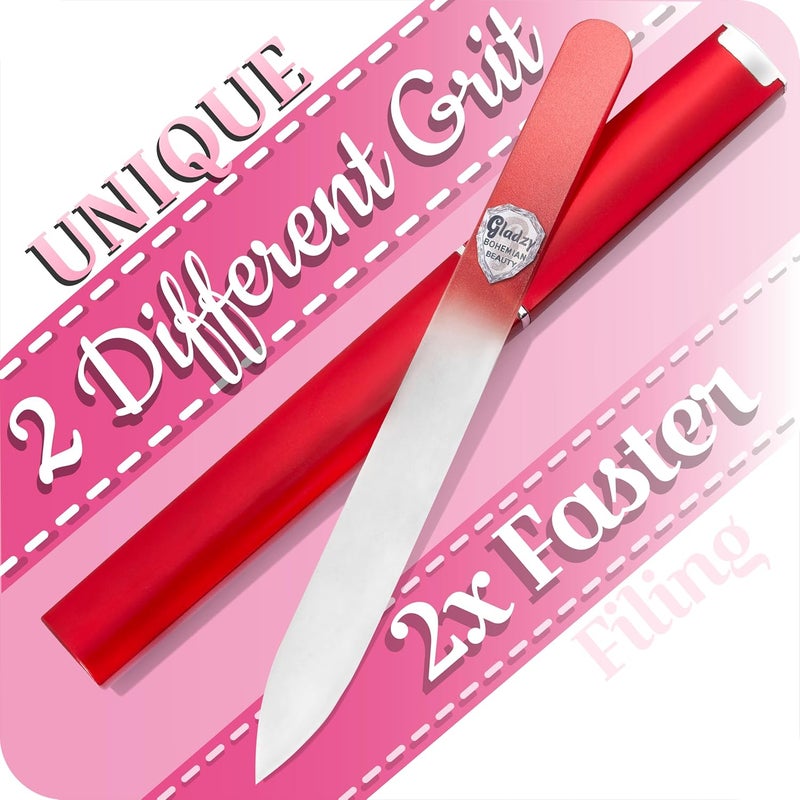 GLADZY Czech Glass Nail File with Case - Etched Crystal Nail File for Natural Nails, Double Sided Different Grit Surface, Professional Nail Care Tool with Case, Manicure Nail Shaper, Made in EU