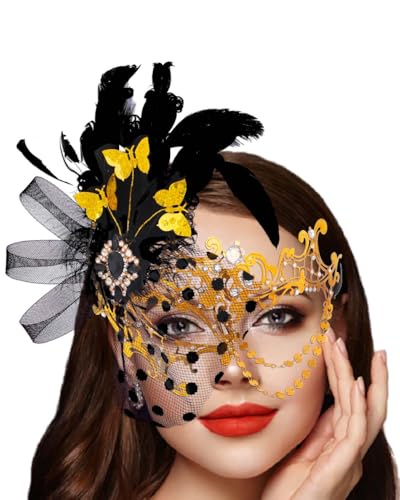Campsis Women Masquerade Mask, Gold Masquerade Ball Mask, Feather Venetian Mask - Image 1