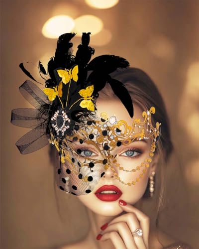 Campsis Women Masquerade Mask, Gold Masquerade Ball Mask, Feather Venetian Mask - Image 3