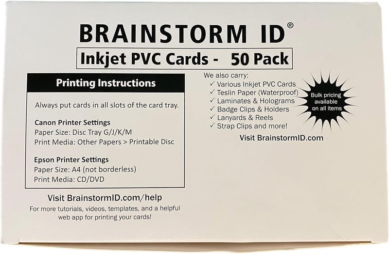 Brainstorm ID Inkjet PVC Cards (50 Pack) - Inkjet Printable PVC ID Cards with 's Enhanced Ink Receptive Coating - Waterproof and Double Sided Printing - Works with Epson and Canon Inkjet Printers - Image 1