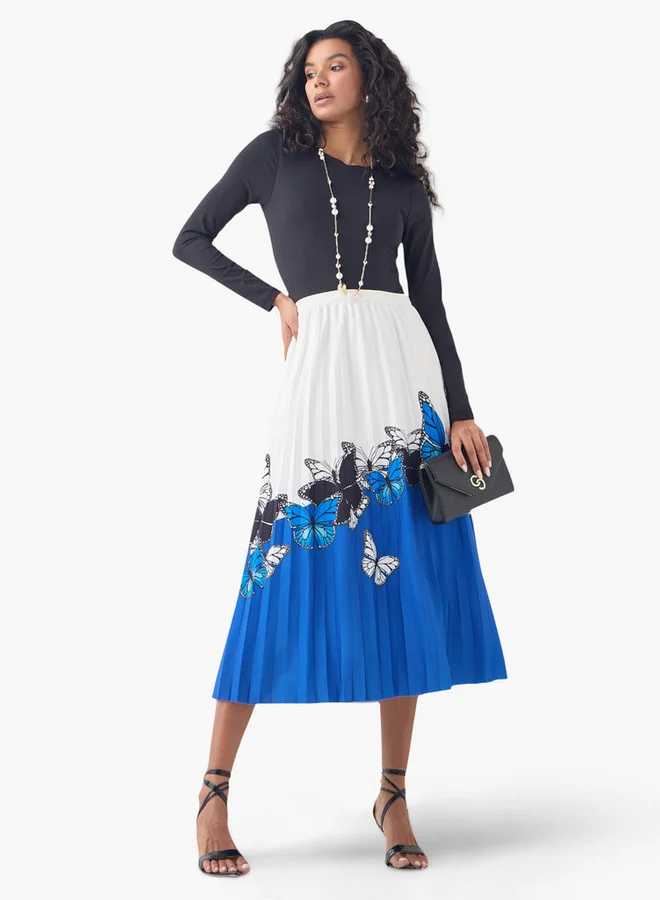 2Xtremz 2Xtremz Printed Pleated Midi Skirt with Elasticated Waistband