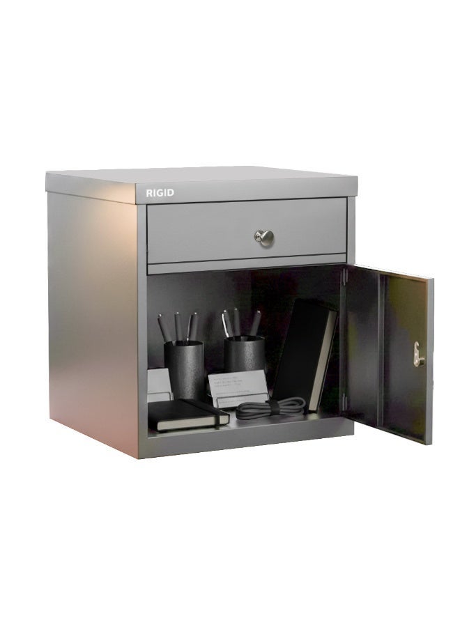 RIGID Bedside Storage Cabinet | Bedroom Side Storage Unit Cabinet with Drawer & Swing Door | Lockable Nightstand for Home Office Guest Living Room (Grey, 45D x 40W x 50H Cm) Assembled - Image 1
