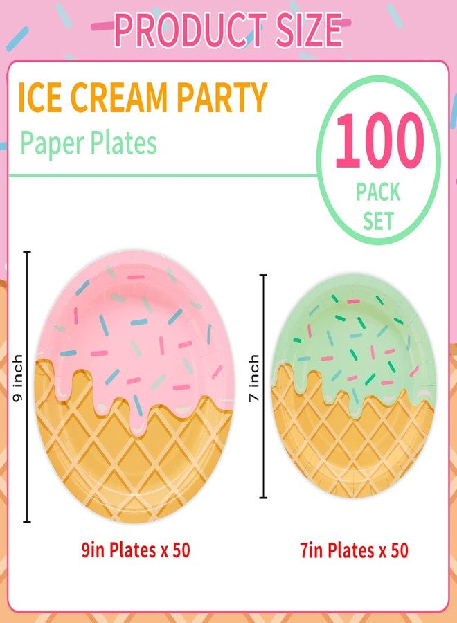 DYLIVeS 100 Pack Ice Cream Birthday Party Plates, Ice Cream Disposable Tableware Party Table Decorations for Girls Baby Shower, 9'' and 7'' Plates for Appetizer, Lunch, Dinner, Dessert, Serves 50 - Image 2