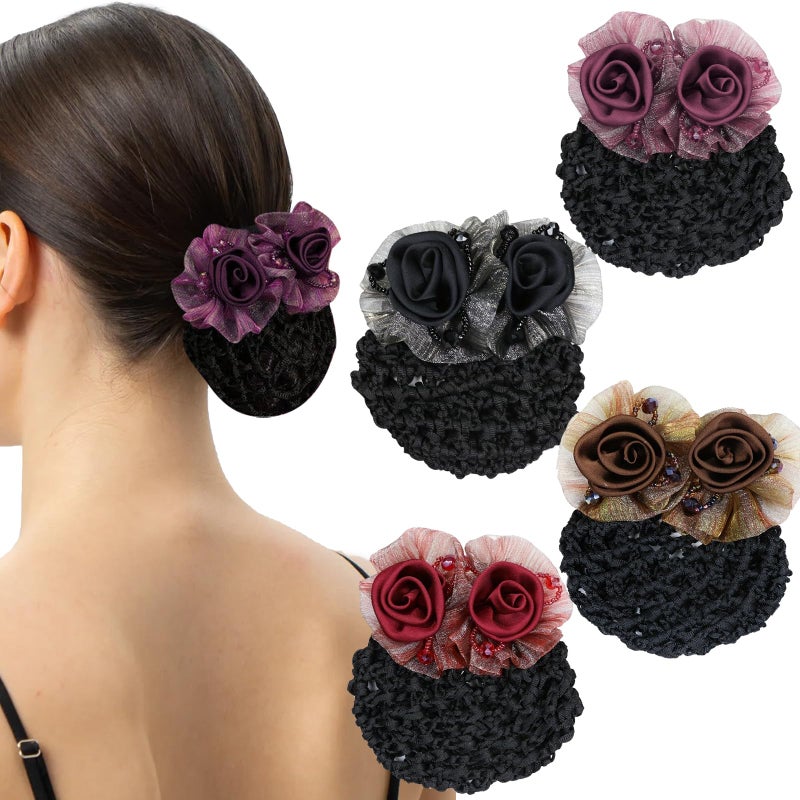 Arvintas 4 PACK Flower Hair Bun Holder Covers Hair Net Snood Hair Barrette for Women Thick Thin Hairnet Hair Accessories for Women - Image 1