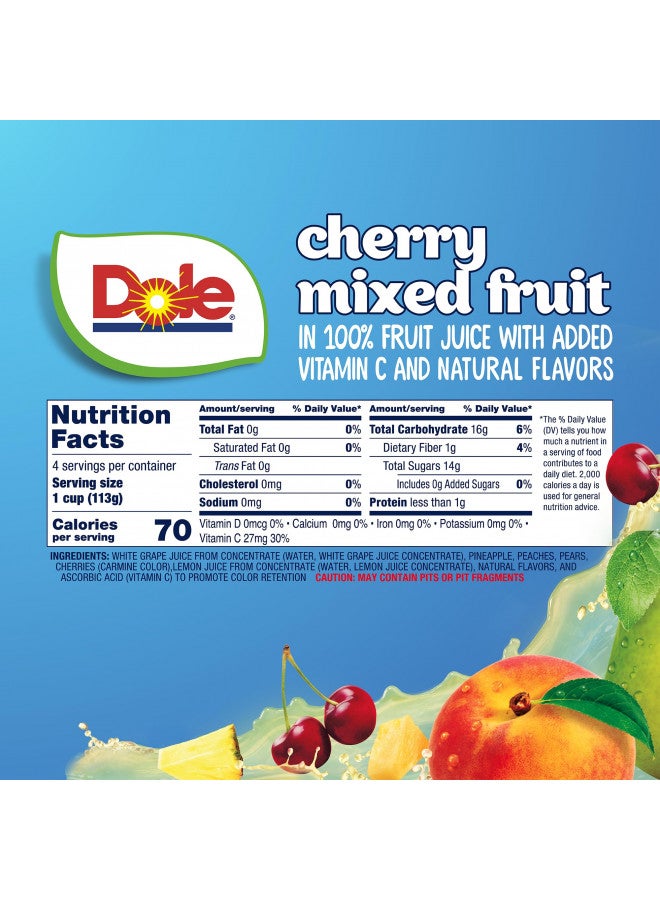 Dole Dole Fruit Bowls Cherry Mixed Fruit in 100% Juice Snacks, 4oz 4 Total Cups, Gluten & Dairy Free, Bulk Lunch Snacks for Kids & Adults
