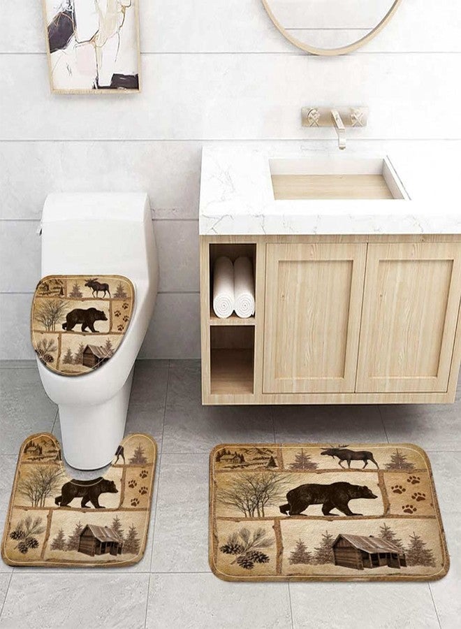Bzhilja Rustic Cabin Country Antique Bear Shower Curtain Set with Rugs, Moose Forest Vintage Hunting Camping Bathroom Accessories Sets Non-Slip Mats, Bath Curtains with Bath Mats and Toilet Lid Seat Cover - Image 3