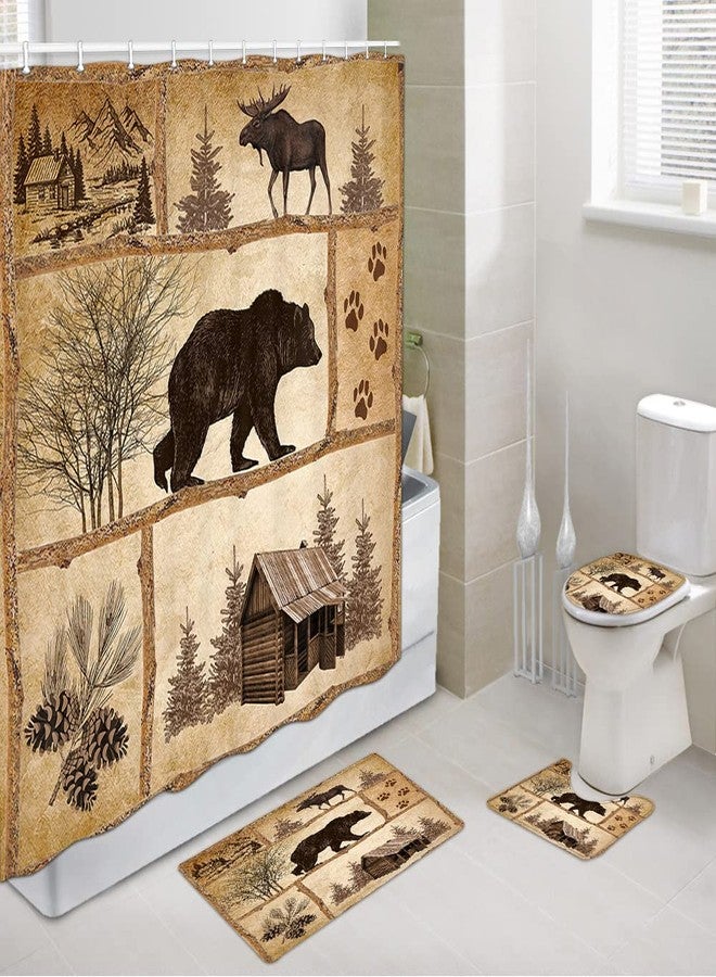 Bzhilja Rustic Cabin Country Antique Bear Shower Curtain Set with Rugs, Moose Forest Vintage Hunting Camping Bathroom Accessories Sets Non-Slip Mats, Bath Curtains with Bath Mats and Toilet Lid Seat Cover - Image 1