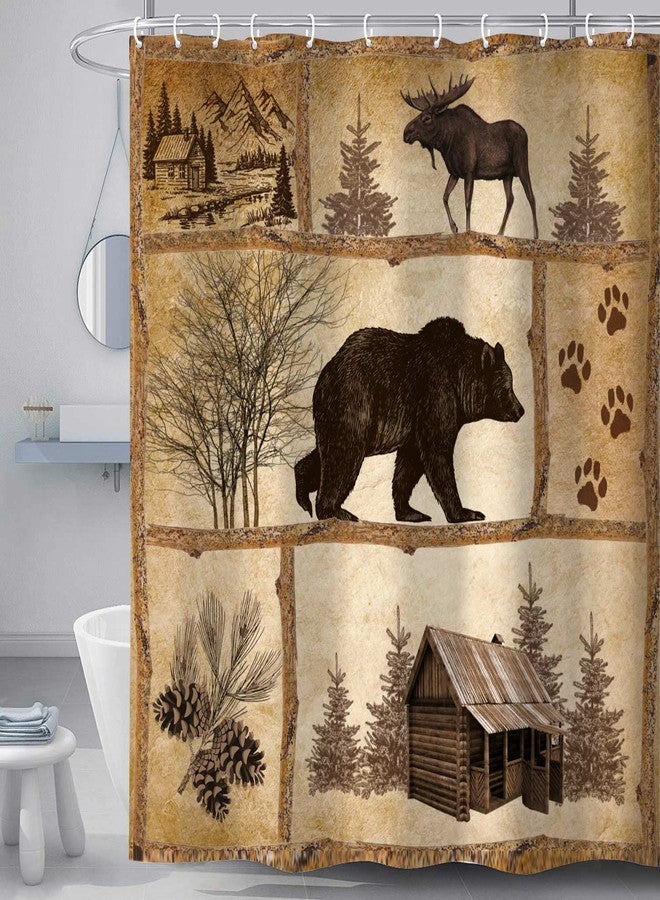 Bzhilja Rustic Cabin Country Antique Bear Shower Curtain Set with Rugs, Moose Forest Vintage Hunting Camping Bathroom Accessories Sets Non-Slip Mats, Bath Curtains with Bath Mats and Toilet Lid Seat Cover - Image 2