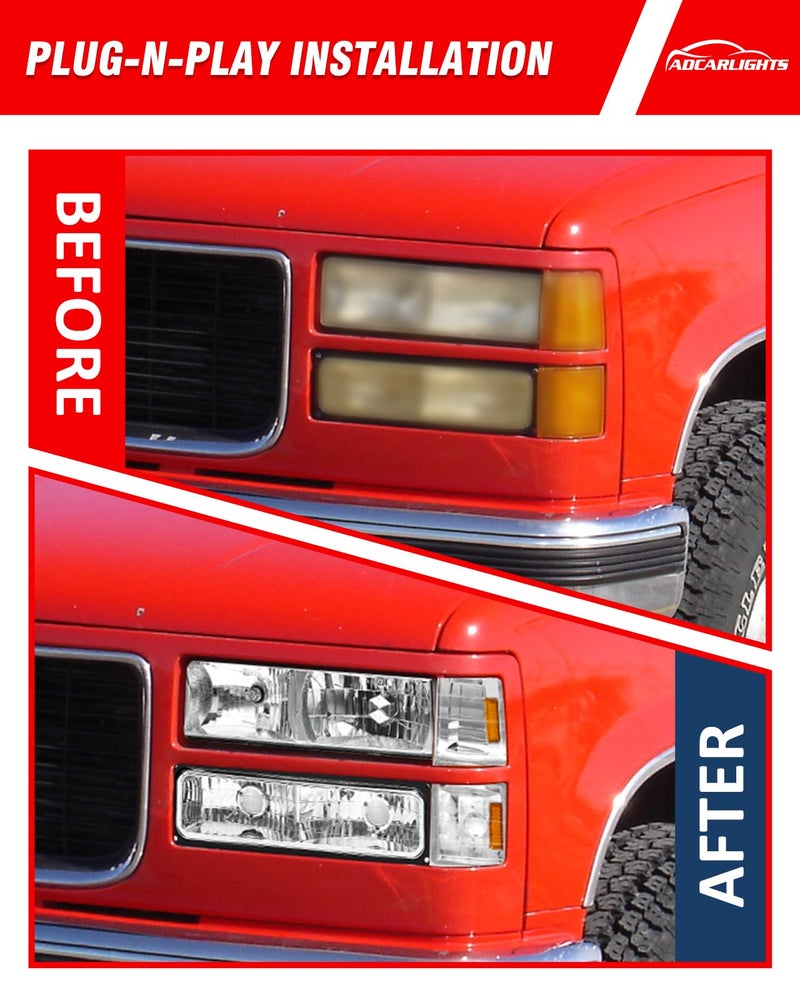 ADCARLIGHTS for 1994-1998 Sierra Headlight Assembly compatible with 1994-1998 GMC C10/Sierra/Suburban/Yukon w/Bumper & Corner Chrome Housing with Amber Reflector Headlamp Replacement Left and Right - Image 4