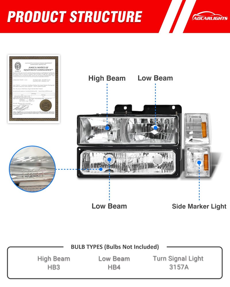 ADCARLIGHTS for 1994-1998 Sierra Headlight Assembly compatible with 1994-1998 GMC C10/Sierra/Suburban/Yukon w/Bumper & Corner Chrome Housing with Amber Reflector Headlamp Replacement Left and Right - Image 2