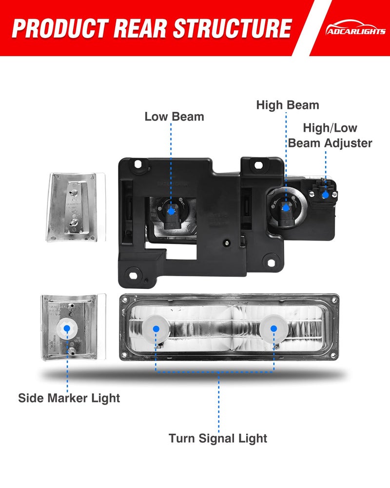 ADCARLIGHTS for 1994-1998 Sierra Headlight Assembly compatible with 1994-1998 GMC C10/Sierra/Suburban/Yukon w/Bumper & Corner Chrome Housing with Amber Reflector Headlamp Replacement Left and Right - Image 3