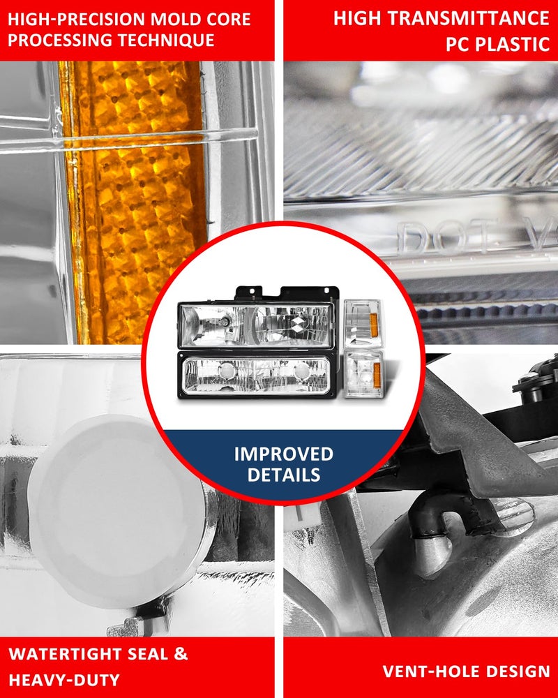 ADCARLIGHTS for 1994-1998 Sierra Headlight Assembly compatible with 1994-1998 GMC C10/Sierra/Suburban/Yukon w/Bumper & Corner Chrome Housing with Amber Reflector Headlamp Replacement Left and Right - Image 5