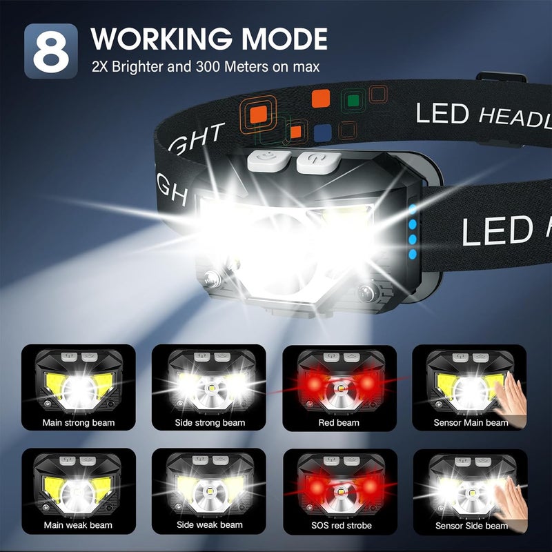 LHKNL مصباح رأس LED قابل لإعادة الشحن بقوة 1200 لومن مع إضاءة بيضاء وحمراء، مقاوم للماء، مزود بمستشعر حركة و8 أوضاع - مثالي للتخييم والجري والتسلق وصيد السمك - Image 4