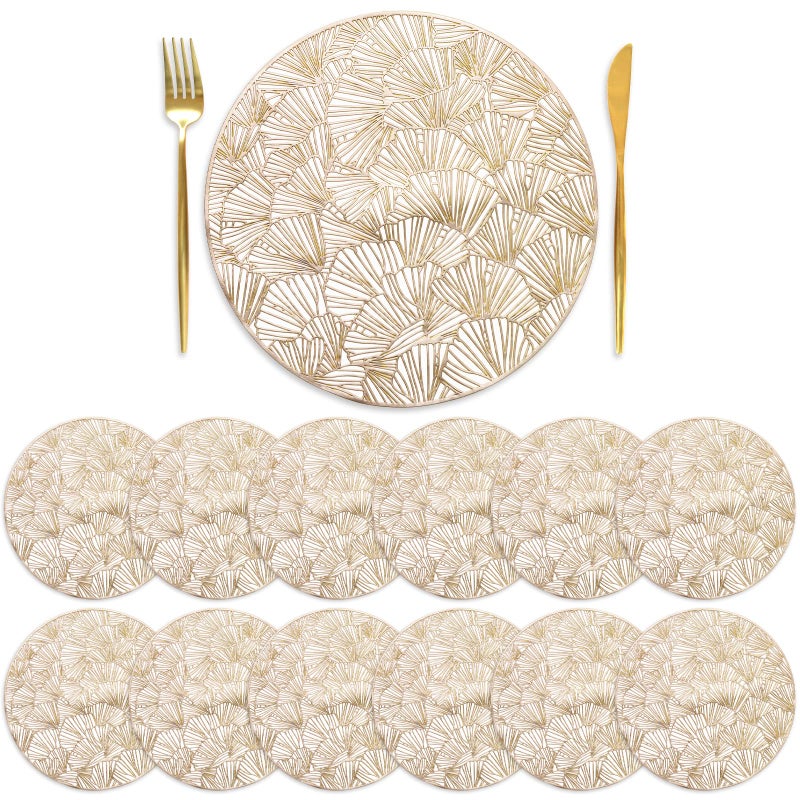 DEAYOU Set of 12 Round Pressed Vinyl Placemats Gold Wedding Accent Centerpiece Placemat NonSlip Placemats for Dining Table Kitchen Decor 15 Washable Wipeable Hollow Ginkgo Biloba Design
