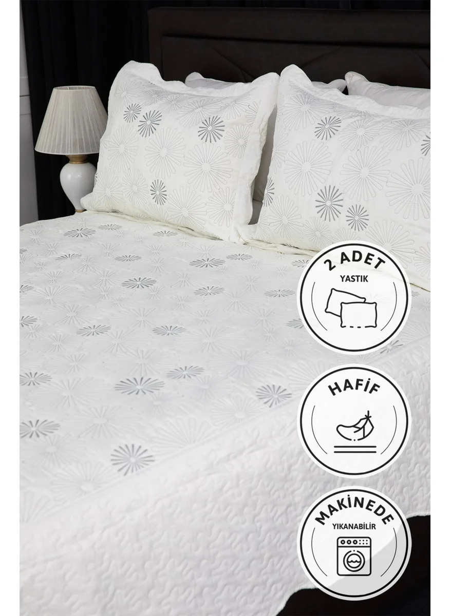 Favora Narcissus Embroidered Quilted Double Bedspread - Silver