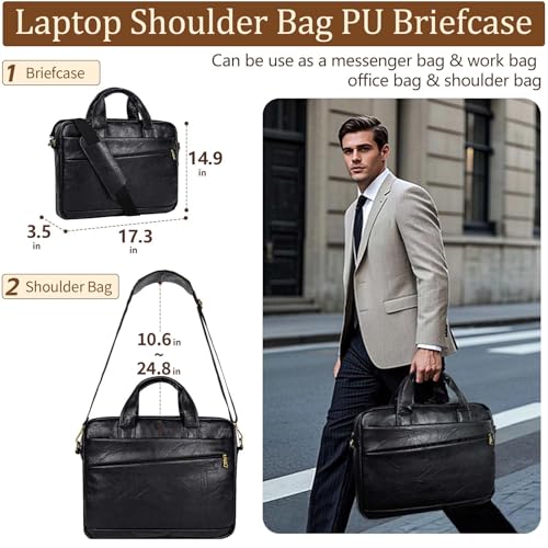 Stuery Faux Leather Messenger Bag for Men 17173 Inch Laptop Bag Briefcase Computer Handbags Shoulder Crossbody Bag with Padded Laptop Sleeve for Work College Travel PU Black - Image 3