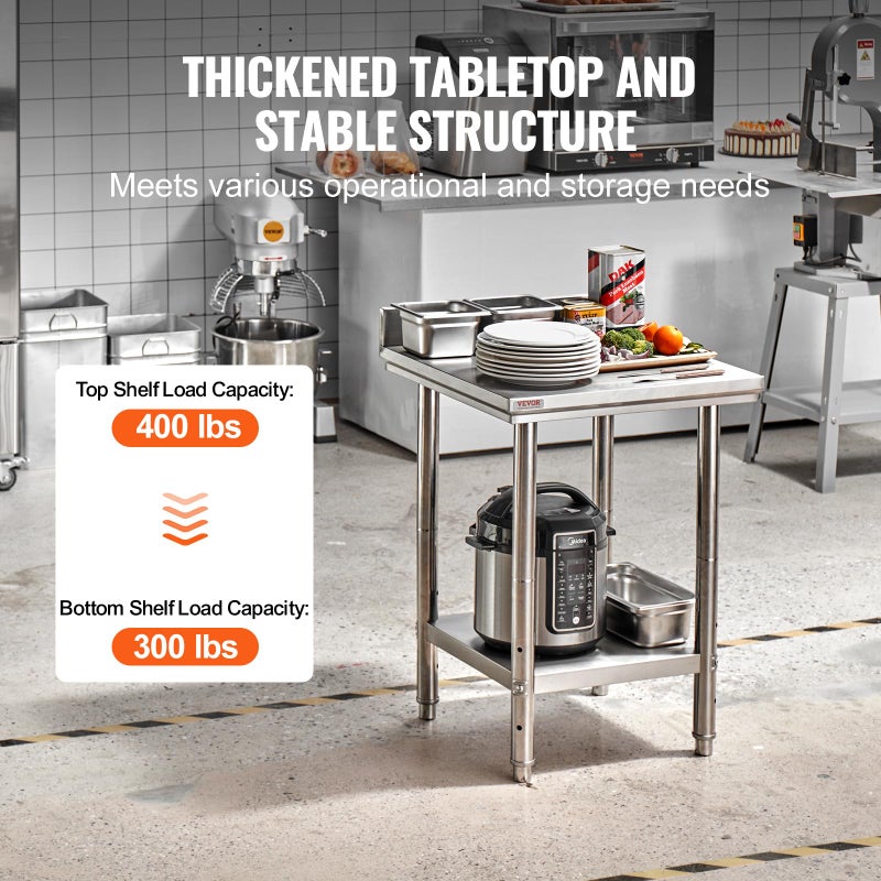 VEVOR Mophorn Stainless Steel Table Work Table 24 x 24 x 34 Inch Commercial Food Prep Worktable Heavy Duty Prep Worktable Metal Work Table with Adjustable Feet for Restaurant, Home and Hotel - Image 3