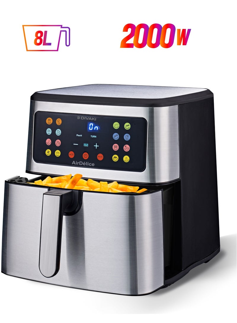 ديفاكي مقلاة هوائية رقمية من ديفاكي، سهلة القلي والشواية، تسخين تلقائي مسبق، 16 مجموعة مسبقة، عناصر تسخين مزدوجة، 2000 وات، 50/60 هرتز، 8 لتر، تشطيب فولاذي وأسود - Image 1