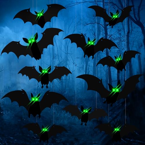 DIYASY 15 Pcs Haning Bats Halloween Decorations Outside Large Plastic 3D Bat Decor Glow in Dark Eyes Bats Outdoor Indoor Decals Black Decorative Bat Cutouts for Tree Porch Yard Lawn Wall Home - Image 1