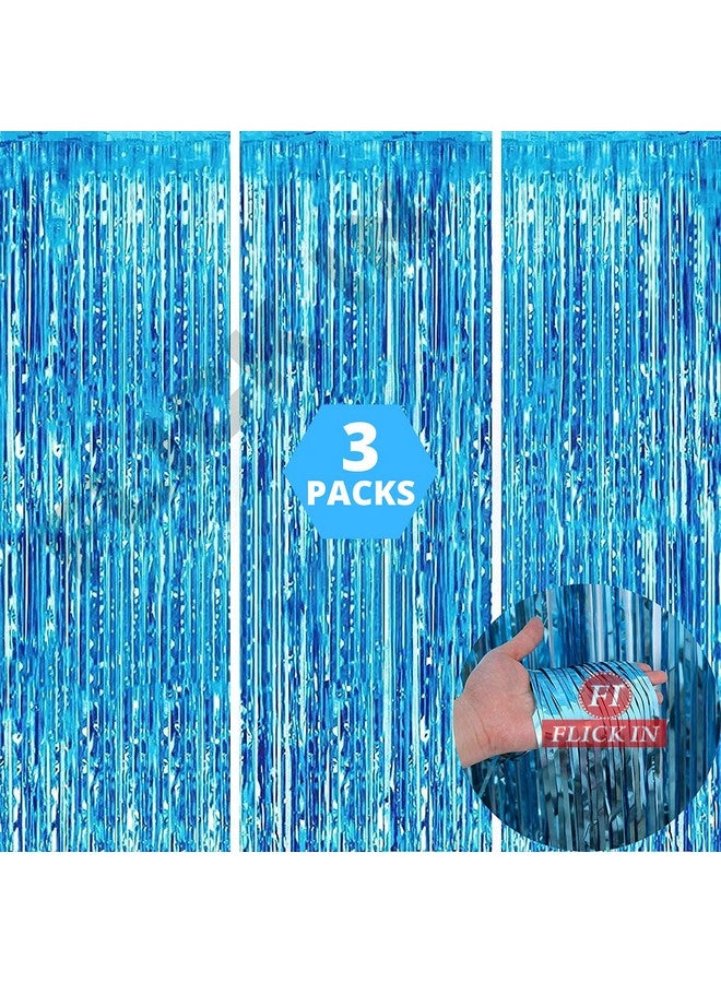 FI - FLICK IN Pack of 3 Light Blue Tinsel Foil Fringe Curtain Decoration for Birthday, Anniversaries, Graduation, Retirement, Baby Shower Décor Backdrop Door Window Party - Image 4