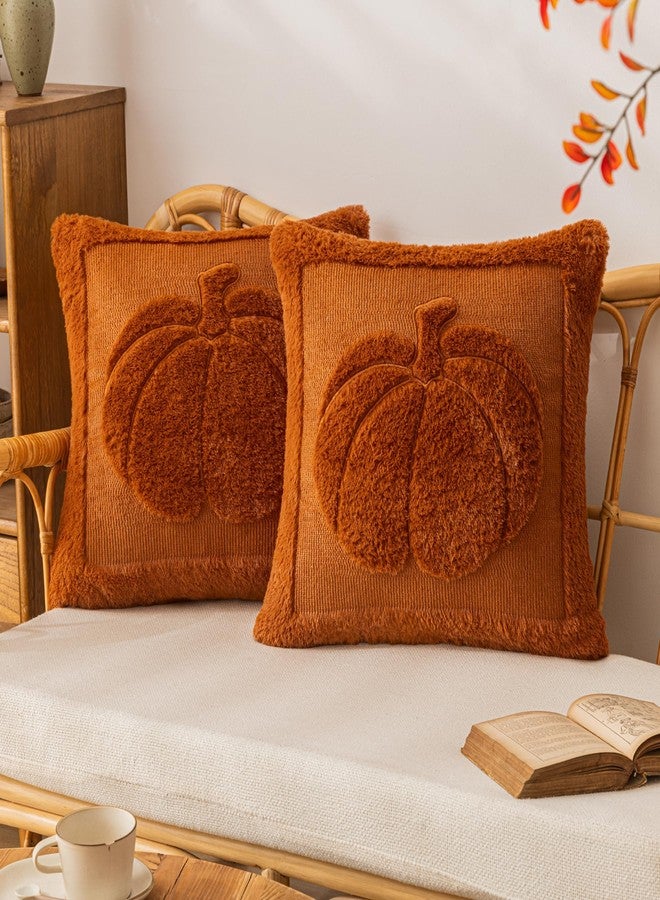 COSIBONO Rust Red Pumpkin Fall Throw Pillow Covers 18x18, Set of 2 Cute Fall Halloween Pillow Cases for Sofa Autumn Decor Soft Faux Fur Farmhouse Cushion Covers for Thanksgiving Living Room Bedroom - Image 1
