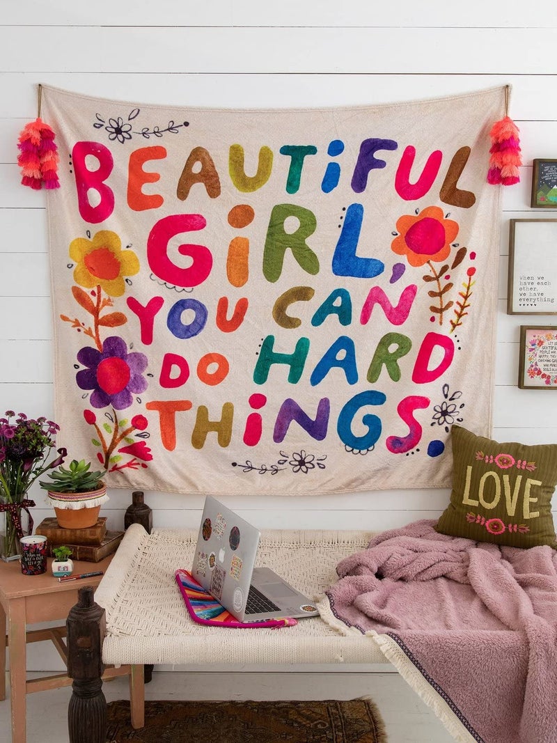 AEARGIV Colorful Beautiful Girl You Can Do Hard Things Flower Tapestry Funny Letter Printed Tapestry Wall Hanging Inspirational Dorm Decor for Living Room Bedroom4724 L 3937 W White