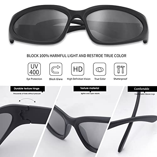 knliwkm 2 Pairs Y2K Wrap Around Sunglasses Sports Futuristic Oval Glasses for Women Men Trendy Fashion Shades Silver - Image 4