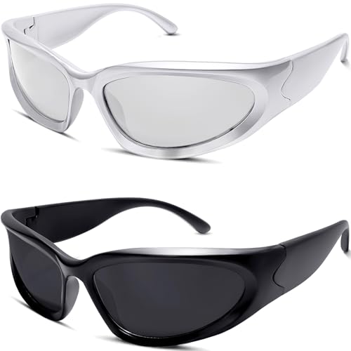 knliwkm 2 Pairs Y2K Wrap Around Sunglasses Sports Futuristic Oval Glasses for Women Men Trendy Fashion Shades Silver - Image 1