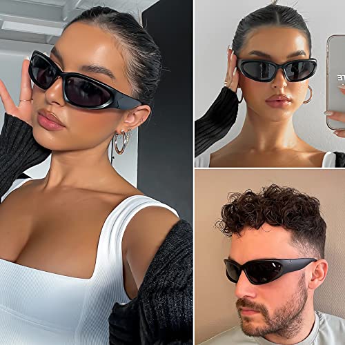 knliwkm 2 Pairs Y2K Wrap Around Sunglasses Sports Futuristic Oval Glasses for Women Men Trendy Fashion Shades Silver - Image 3