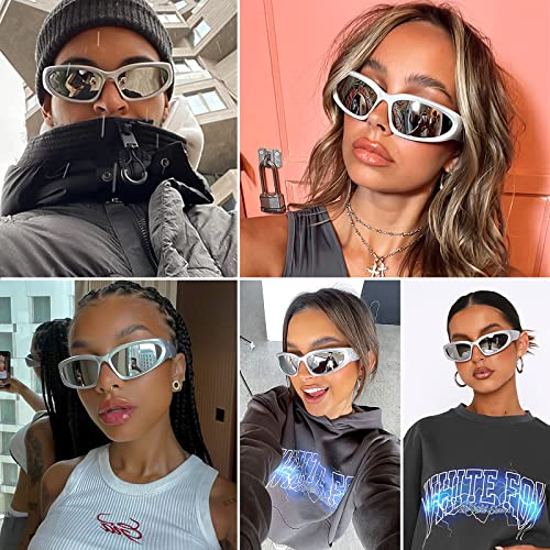 knliwkm 2 Pairs Y2K Wrap Around Sunglasses Sports Futuristic Oval Glasses for Women Men Trendy Fashion Shades Silver - Image 2