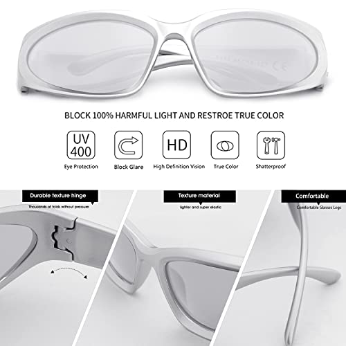 knliwkm 2 Pairs Y2K Wrap Around Sunglasses Sports Futuristic Oval Glasses for Women Men Trendy Fashion Shades Silver - Image 5