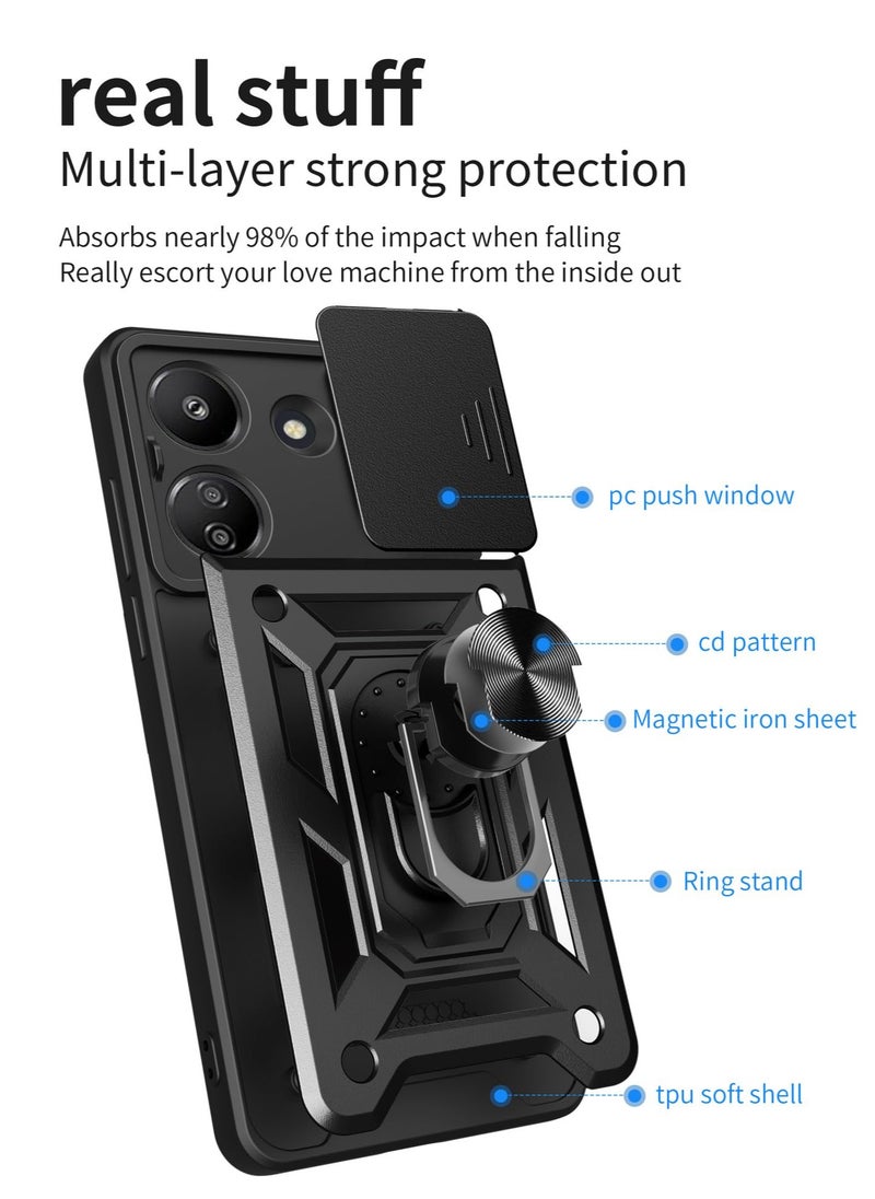 Generic - for Redmi 13C 5G Case, Slide Camera Lens Cover, Magnetic Ring Holder Kickstand Protective Phone Case for Redmi 13C 5G, Black - Image 1