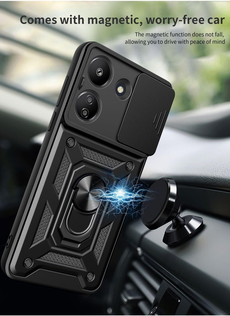 Generic - for Redmi 13C 5G Case, Slide Camera Lens Cover, Magnetic Ring Holder Kickstand Protective Phone Case for Redmi 13C 5G, Black - Image 1